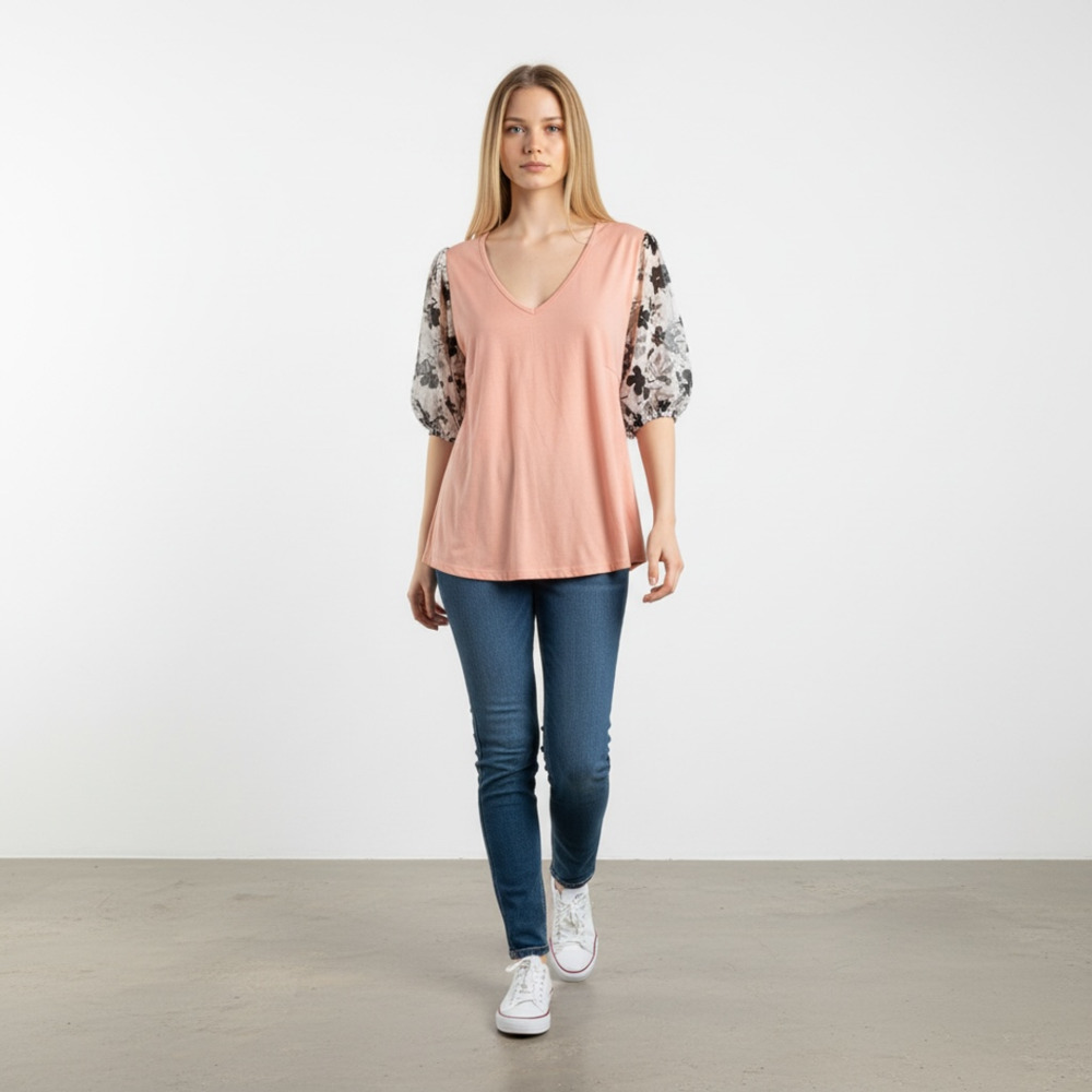 Ces Femme Floral Puff Sleeve V-Neck Top Pink